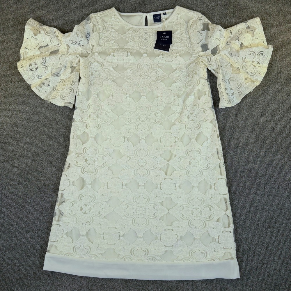 KAARI Blue‎ Womens White Lace Bell Sleeve Shift Dress XS Cool Romance NWT #2982